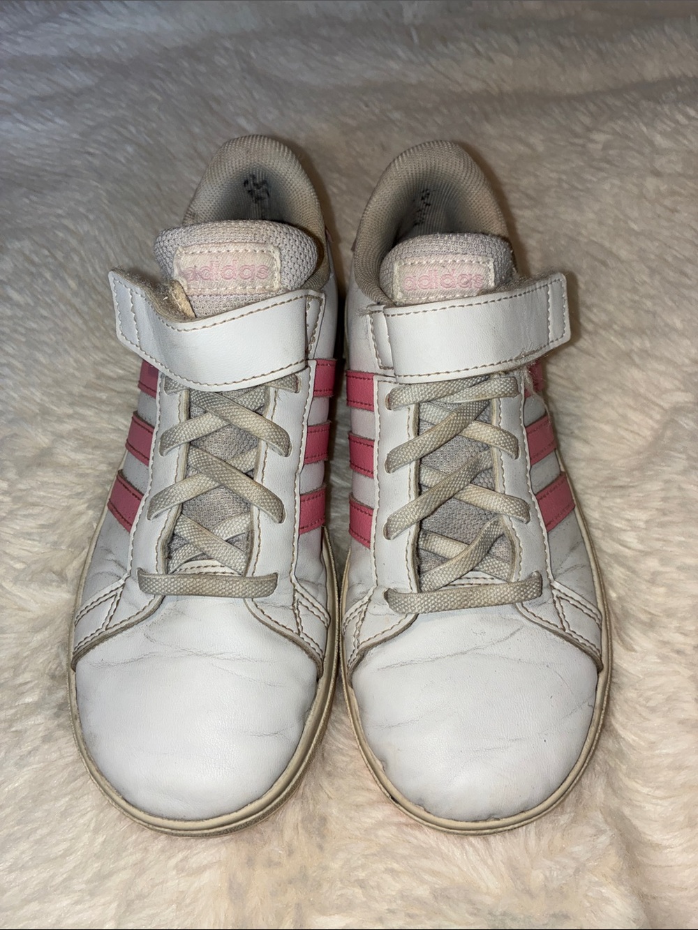 adidas Kids White Sneakers with Pink Stripes and Velcro